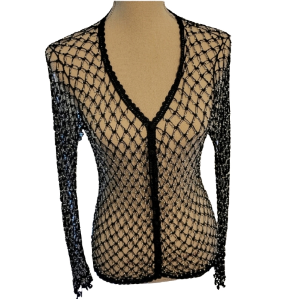 (A) Vintage silver colored black Beaded Crochet Cardigan size medium